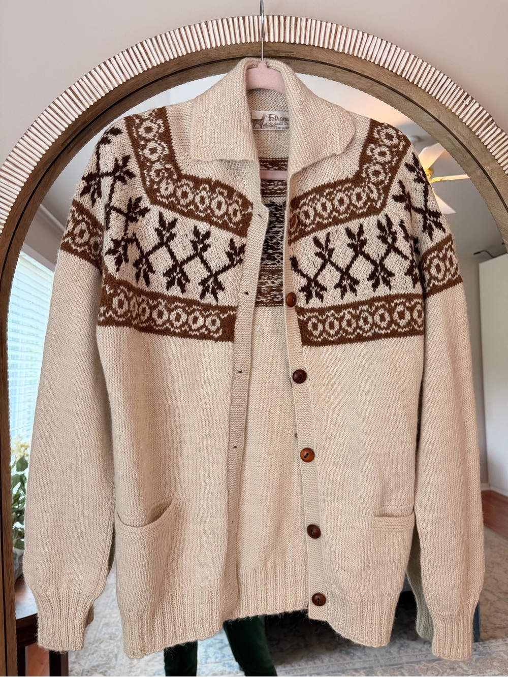 Fotrama 100% Alpaca Wool Cardigan L Cream Brown Fair Isle Shawl Collar Bolivia
